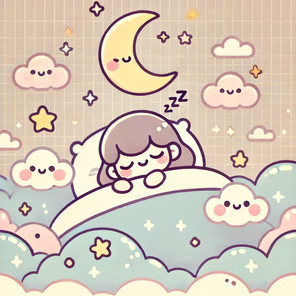 A cute illustration of a person sleeping peacefully, surrounded by fluffy clouds, stars, and a crescent moon. The dreamy atmosphere is enhanced by soft pastel colors, with small sparkles floating around. The character has a gentle smile, cozy under a warm blanket. The overall style is kawaii and soothing.